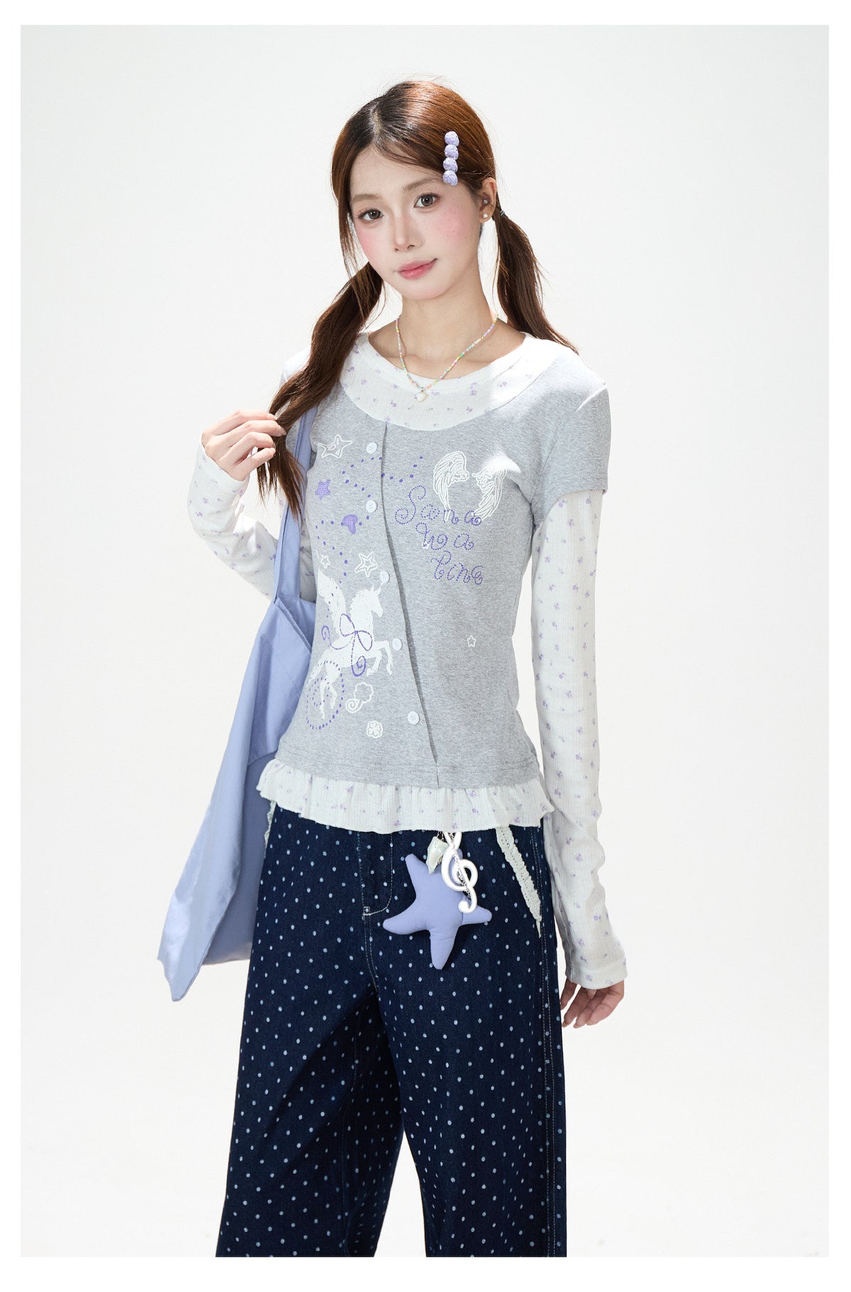 Floral Layered Long Sleeve Top & Navy Polka-Dot Wide-Leg Pants