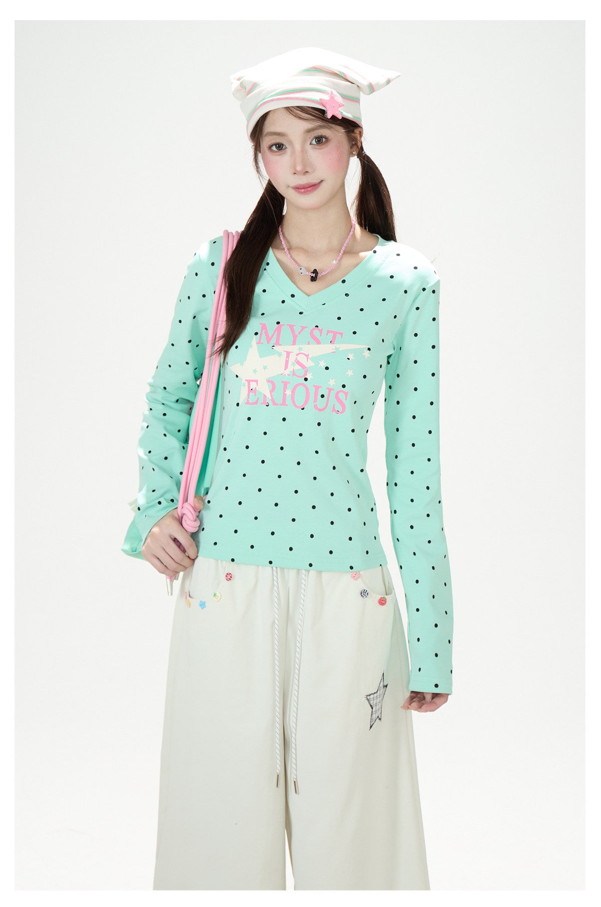 Polka-Dot V-Neck Long Sleeve Top & Star Music Note Wide-Leg Pants