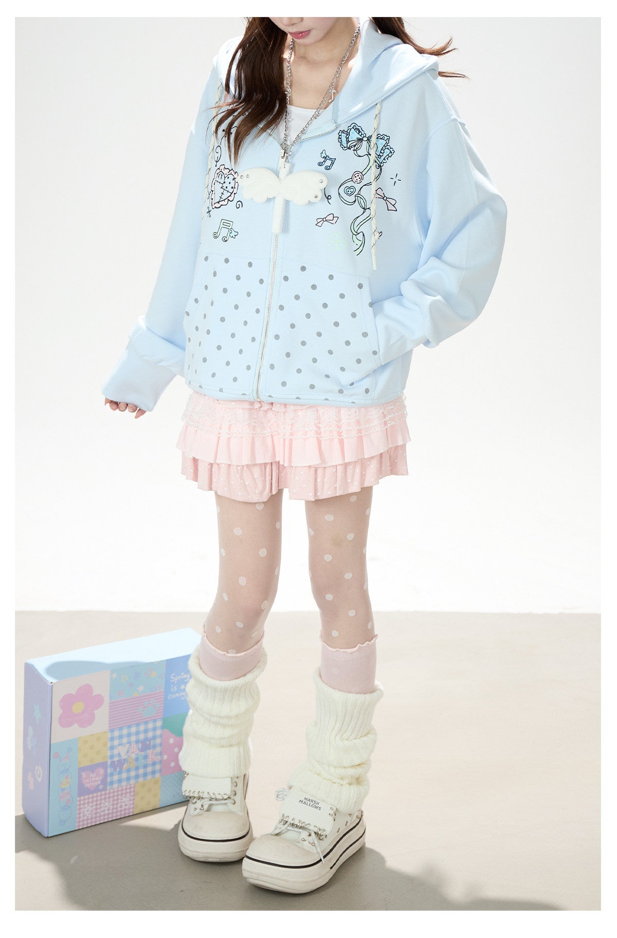 Bow Music Note Polka-Dot Zip-Up Hoodie & Blue Star Wide-Leg Pants