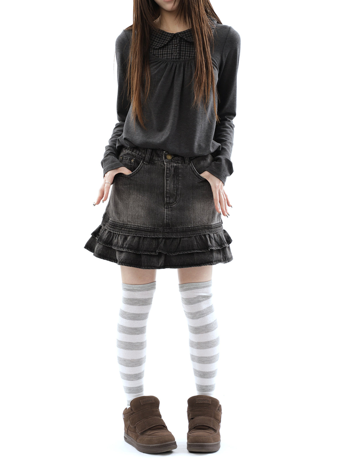 Washed Black Double-Ruffle Denim Mini Skirt