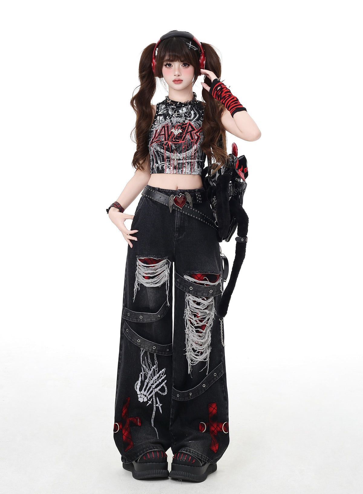 Skeleton Hand Distressed Strap Wide-Leg Jeans