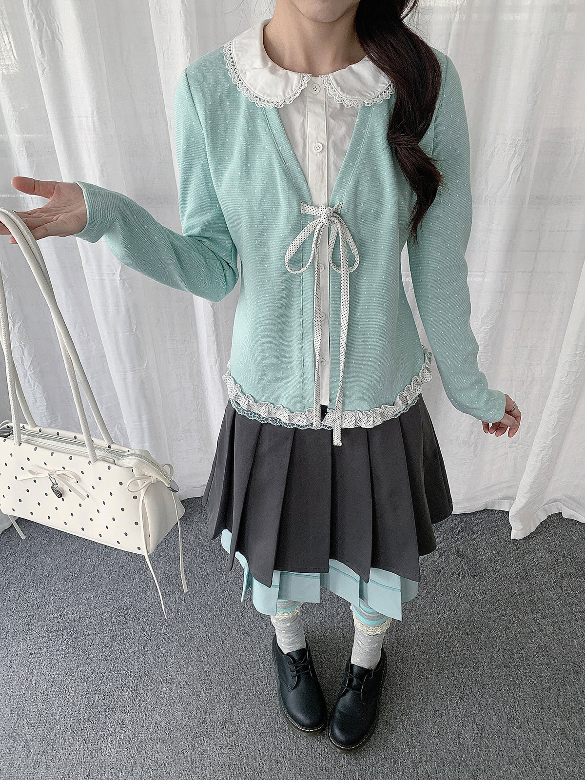 Polka Dot Lace-Collar Layered Tie Long Sleeve Top