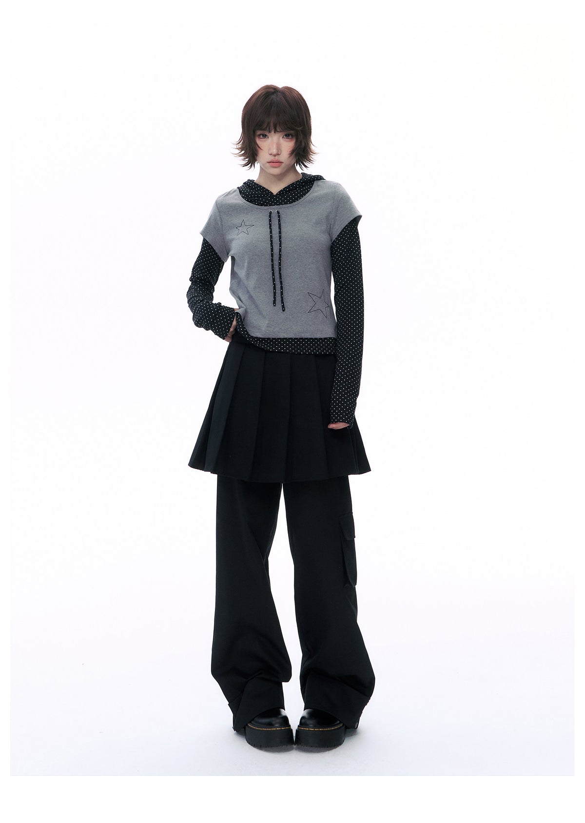 Pleated Skirt-Overlay Cargo Wide-Leg Pants