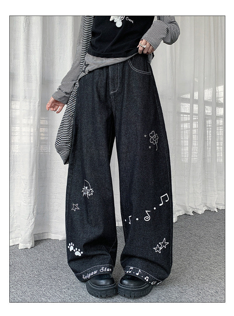 Star Music Note Wide-Leg Denim Jeans