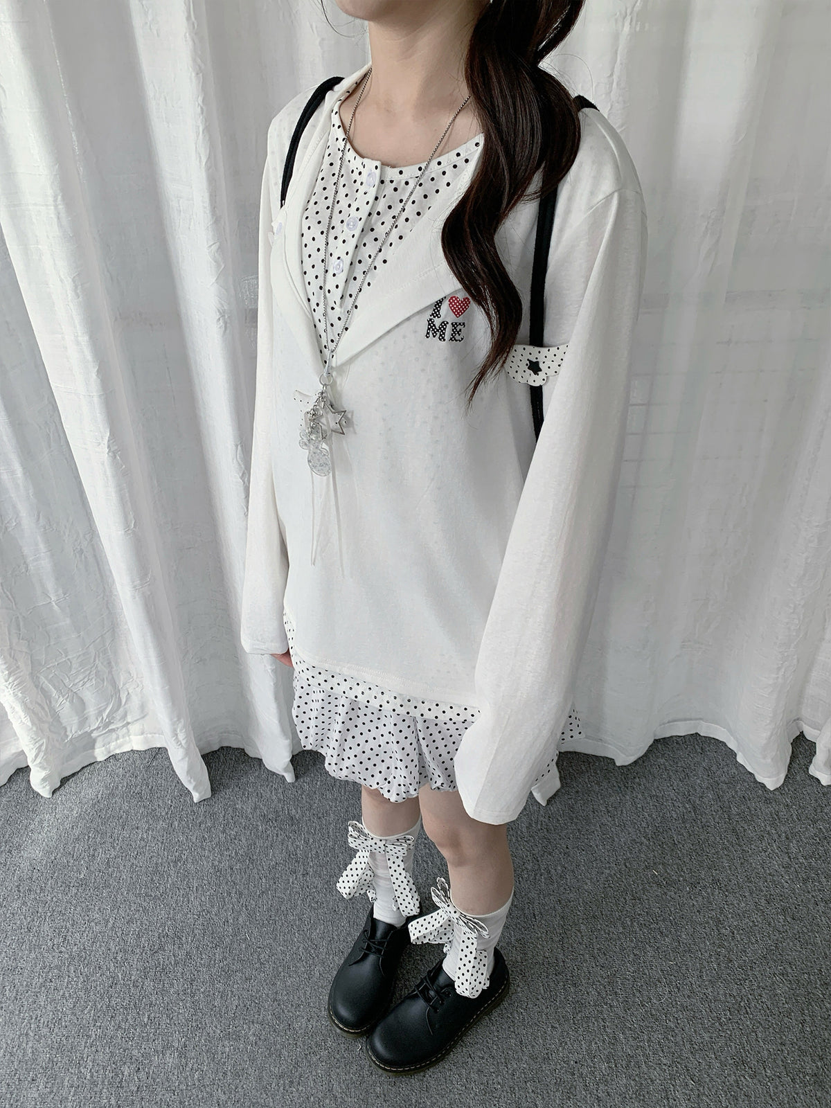 Polka Dot Layered Henley Long Sleeve Top