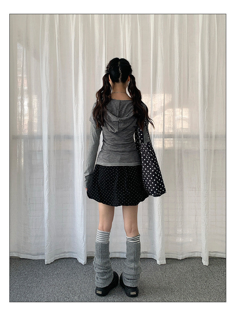 Striped Layered Hooded Graphic Long Sleeve Top