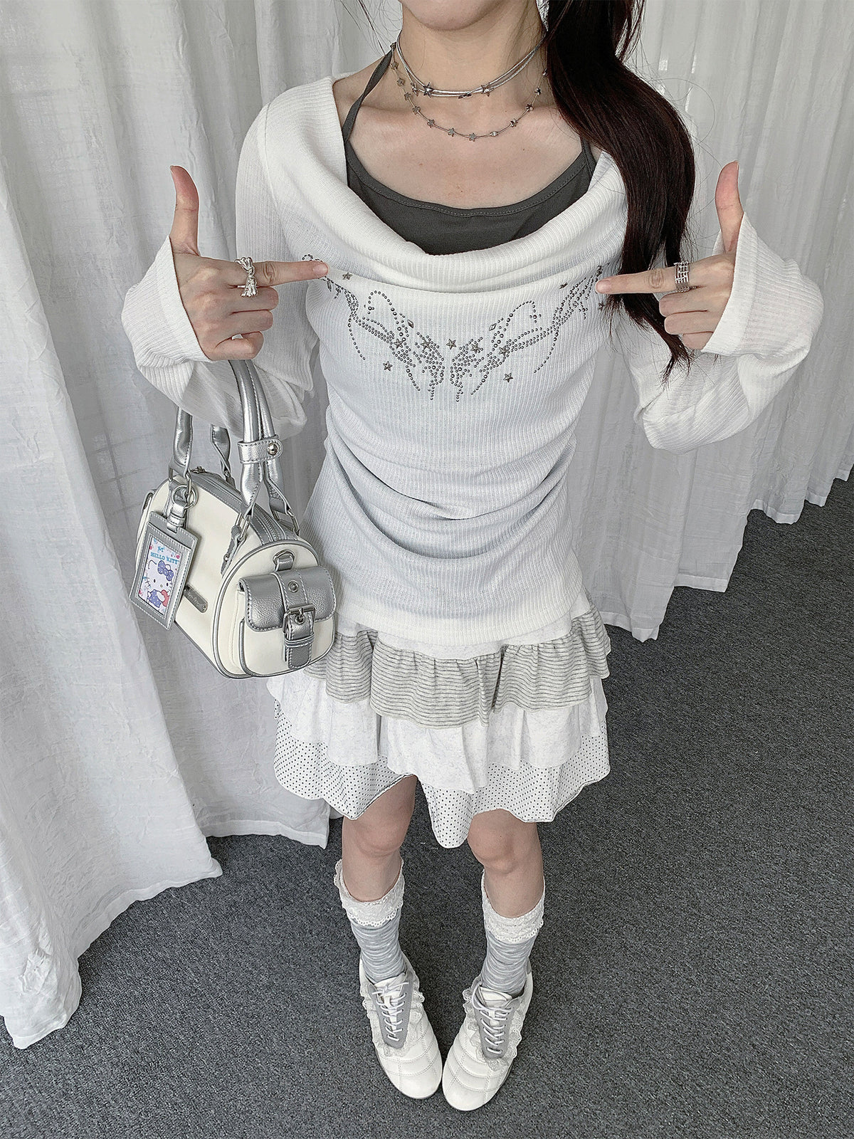 Rhinestone Cowl-Neck Layered Long Sleeve Top