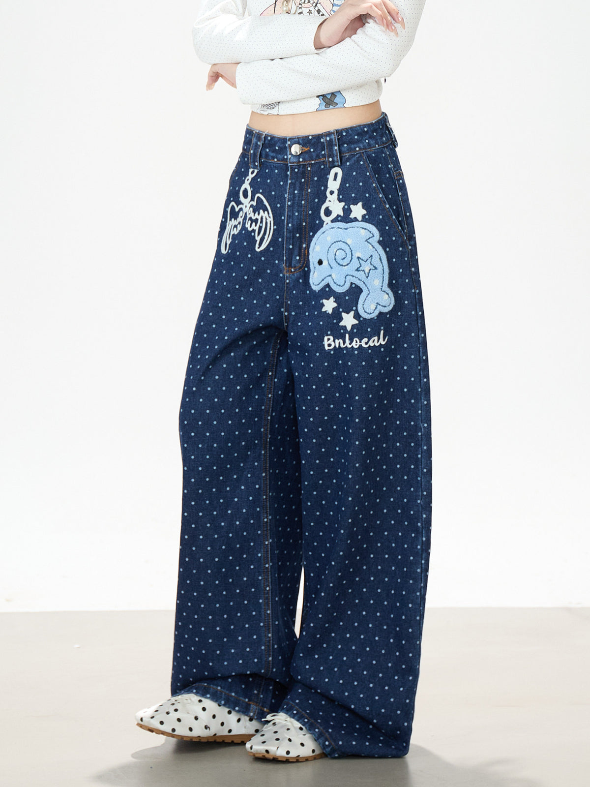 Dolphin Embroidered Polka Dot Wide-Leg Jeans