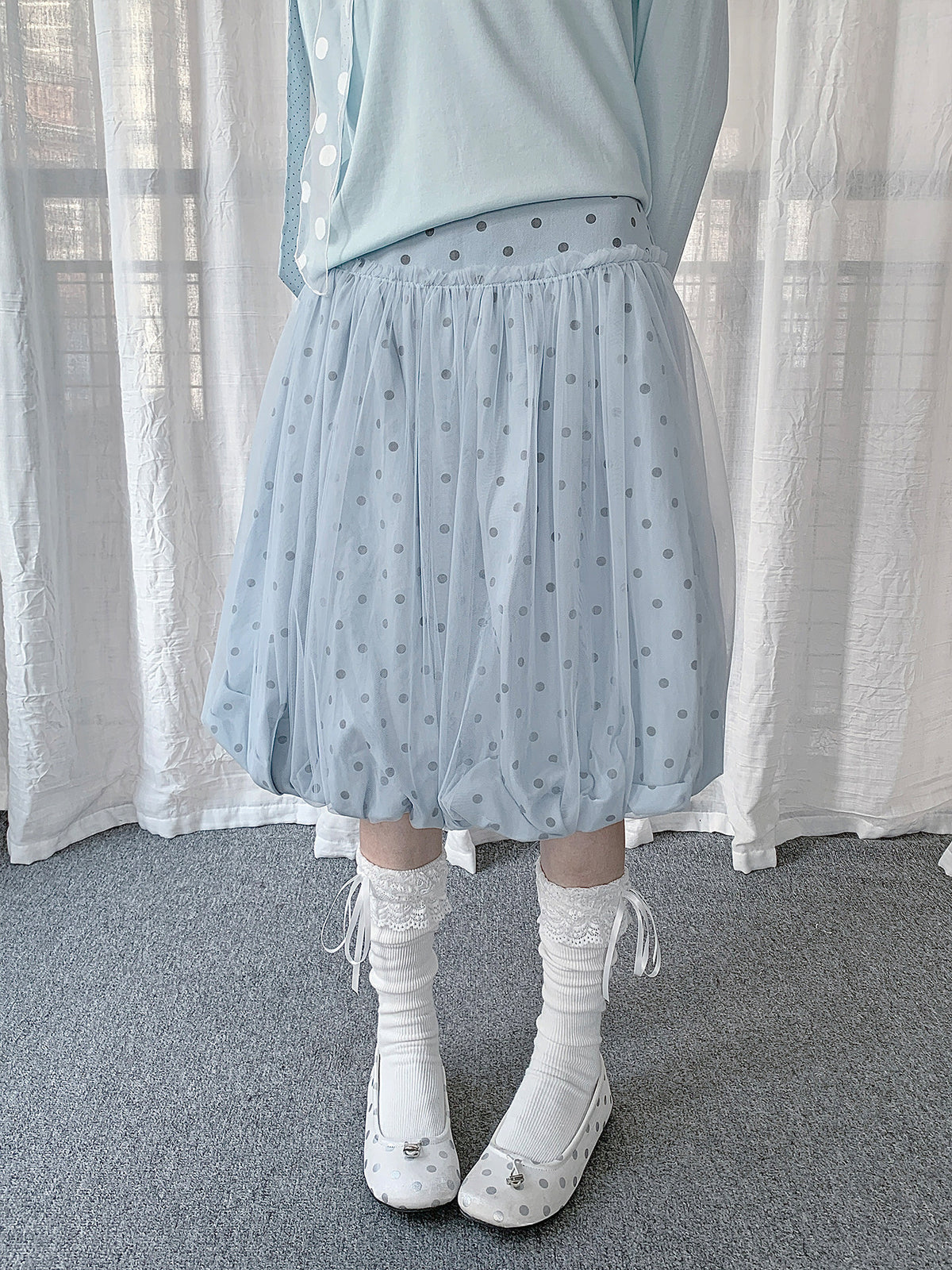 Powder Blue Polka Dot Bubble Midi Skirt
