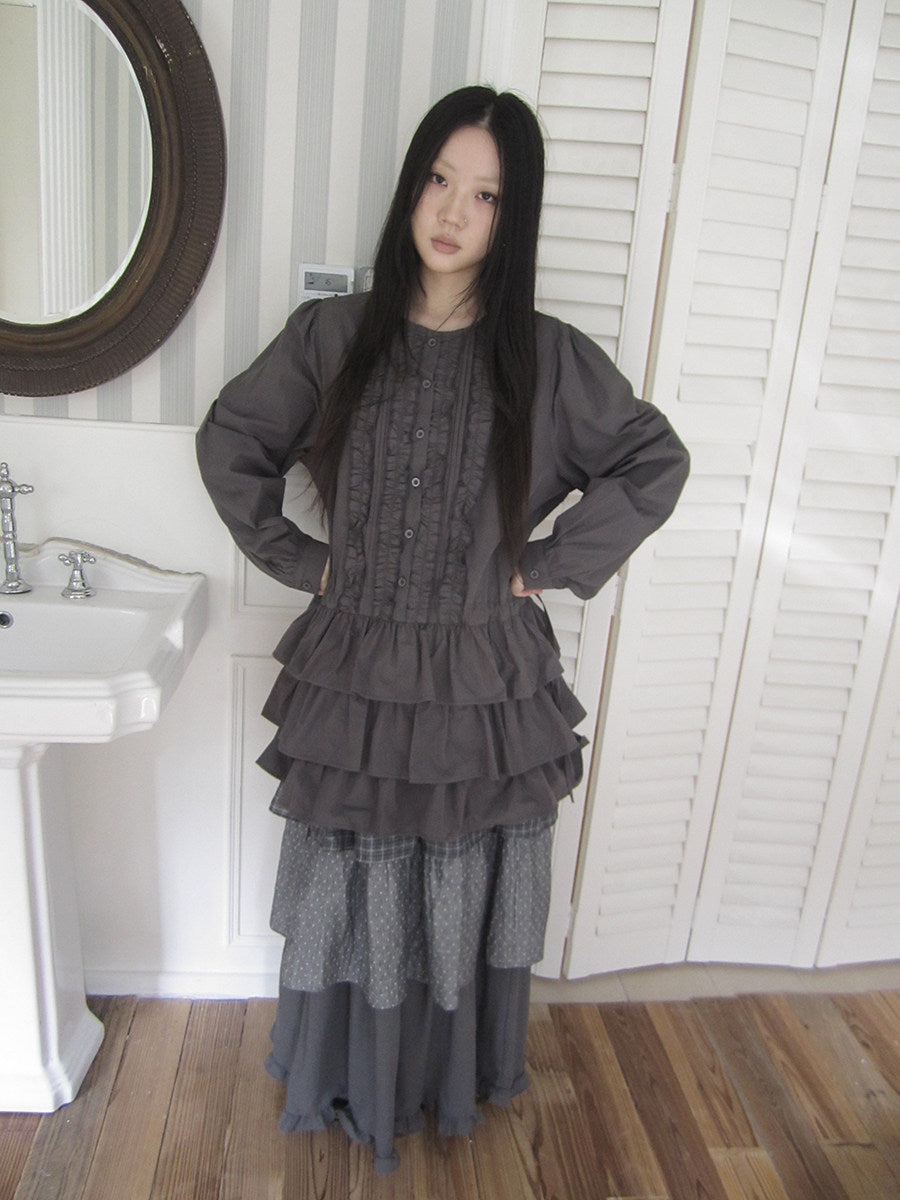 Ruffle-Trim Button Tiered Long Sleeve Tunic Top