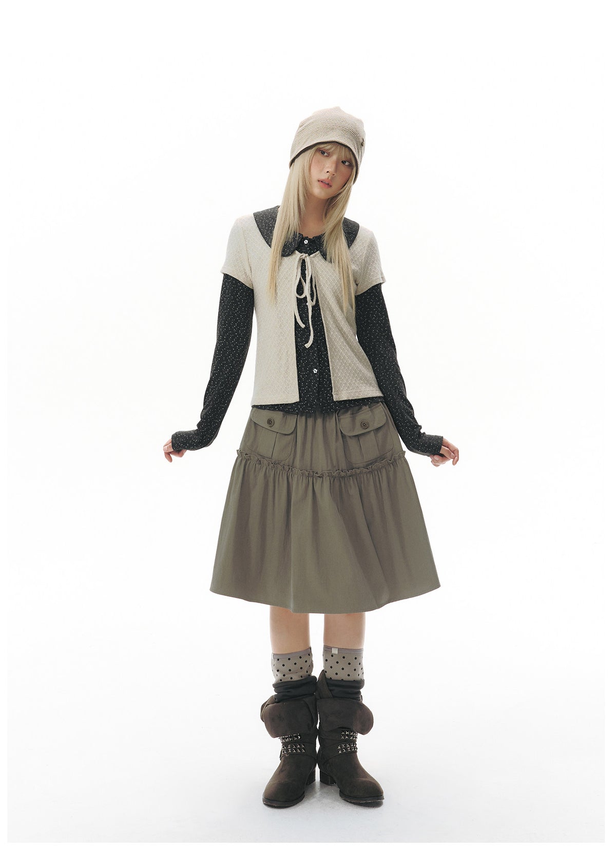 Doll-Collar Long Sleeve & Tie-Front Cardigan Set