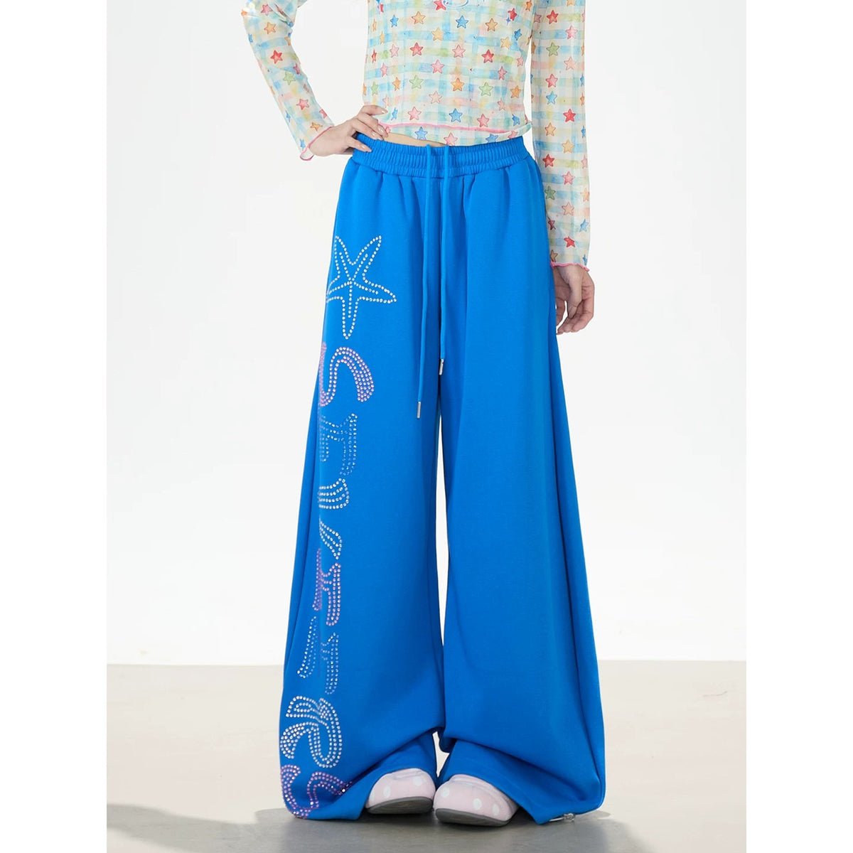 Pantalon de survêtement à jambes larges avec strass motif étoile de mer