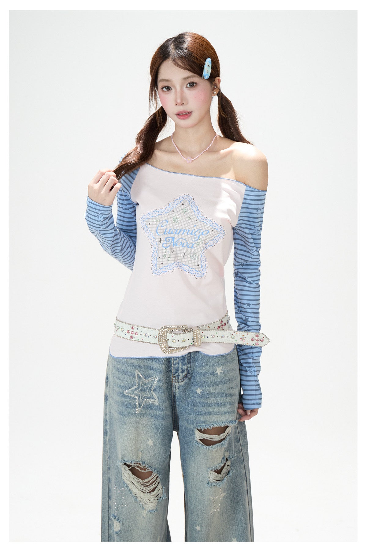 Star Stripe Off-Shoulder Long Sleeve Top & Graphic Star Wide-Leg Pants