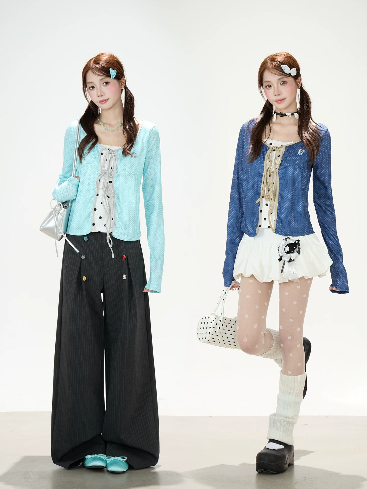 Polka-Dot Lace-Up Layered Long Sleeve Top & White Mini Skirt