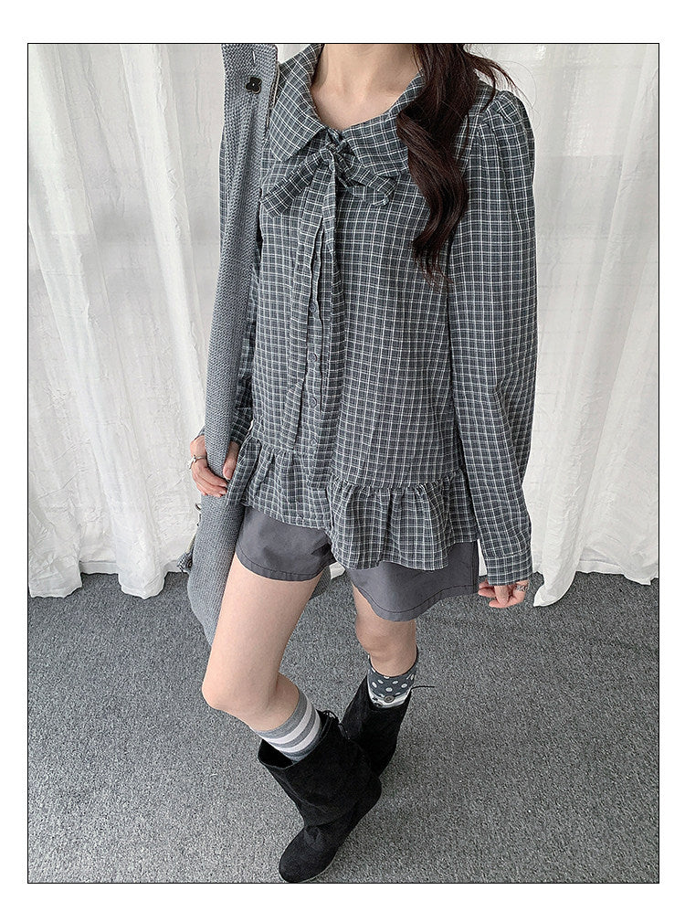 Plaid Bow Collar Ruffle Long Sleeve Blouse