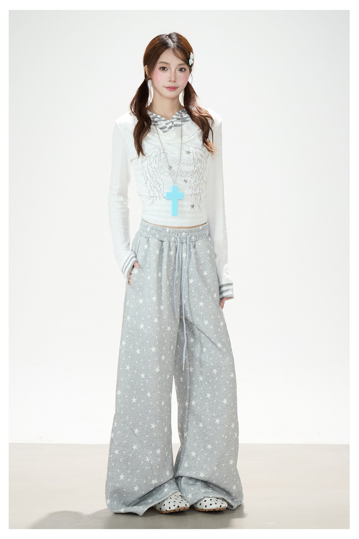 Cowl-Neck Hooded Layered Long Sleeve Top & Gray Wide-Leg Pants
