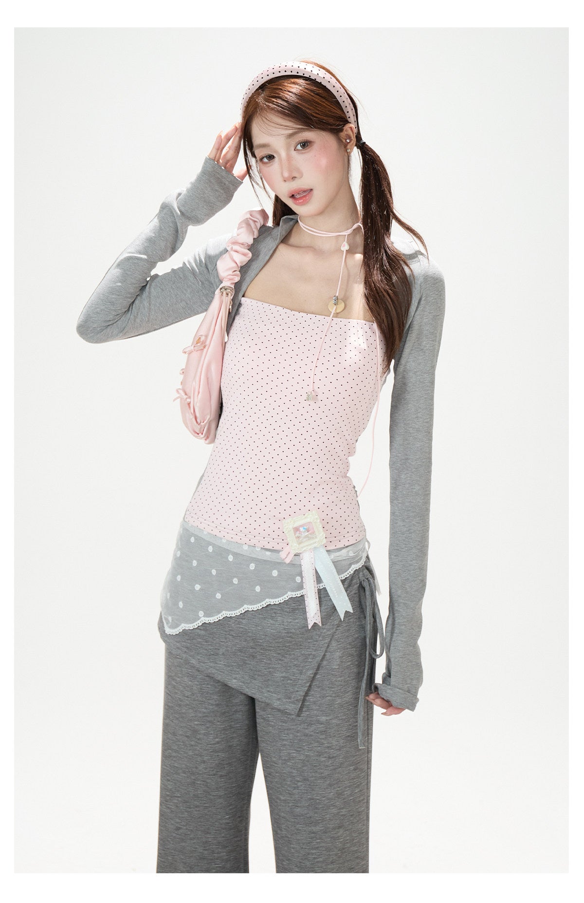 Polka-Dot Layered Cami Long Sleeve Top & Gray Ruffle Shorts