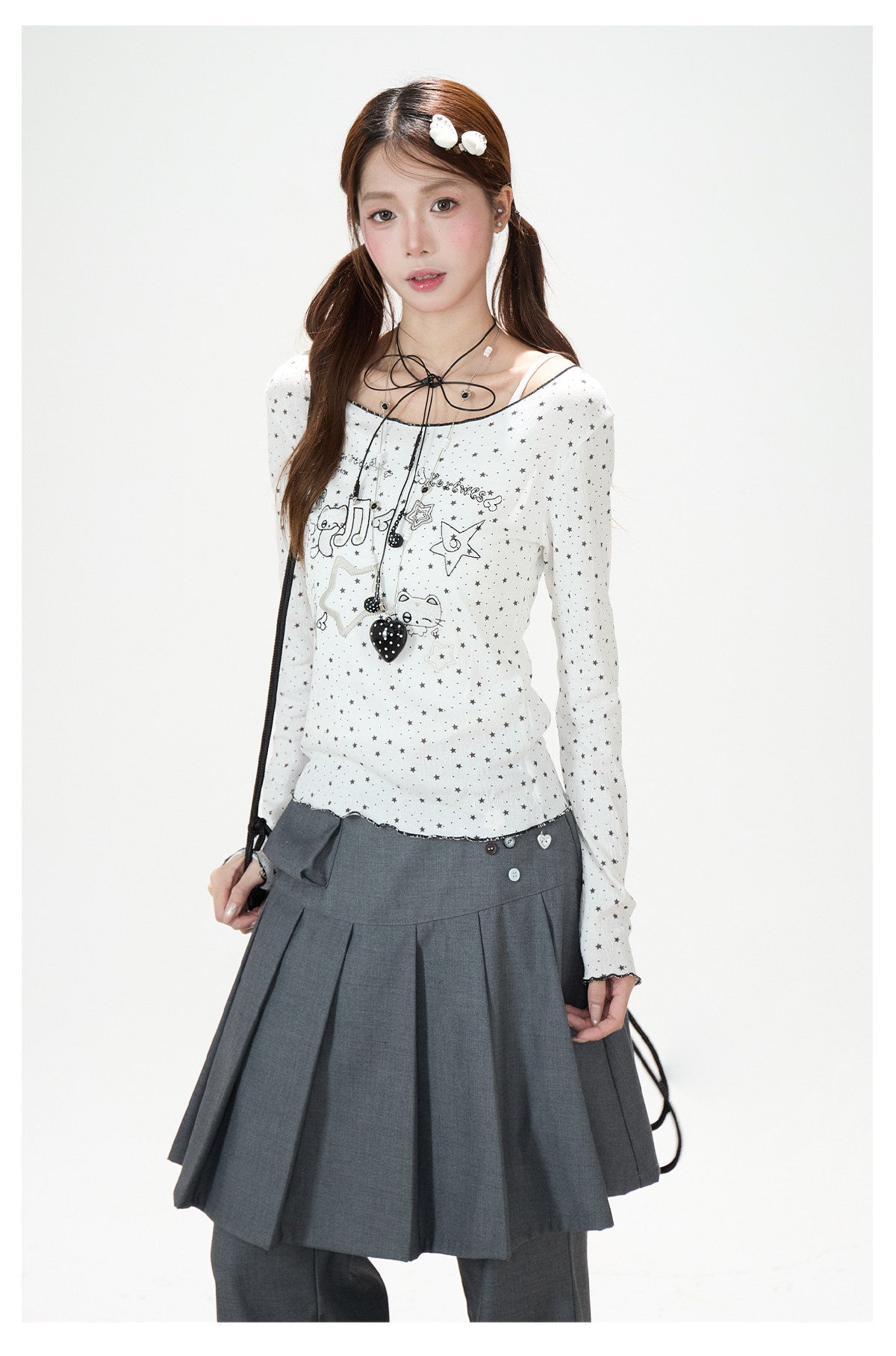Star Cartoon Fitted Long Sleeve Top & Pleated Skirt-Layer Wide-Leg Pants