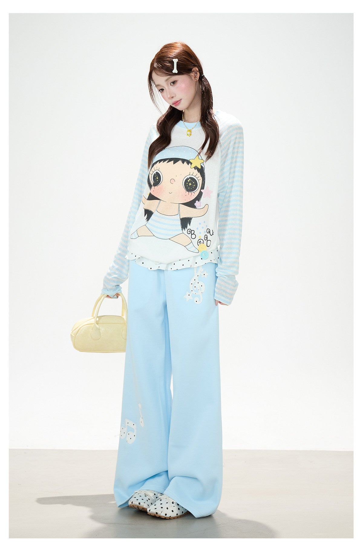 Cartoon Girl Stripe Raglan Long Sleeve Top & Black Polka-Dot Ruffle Skirt