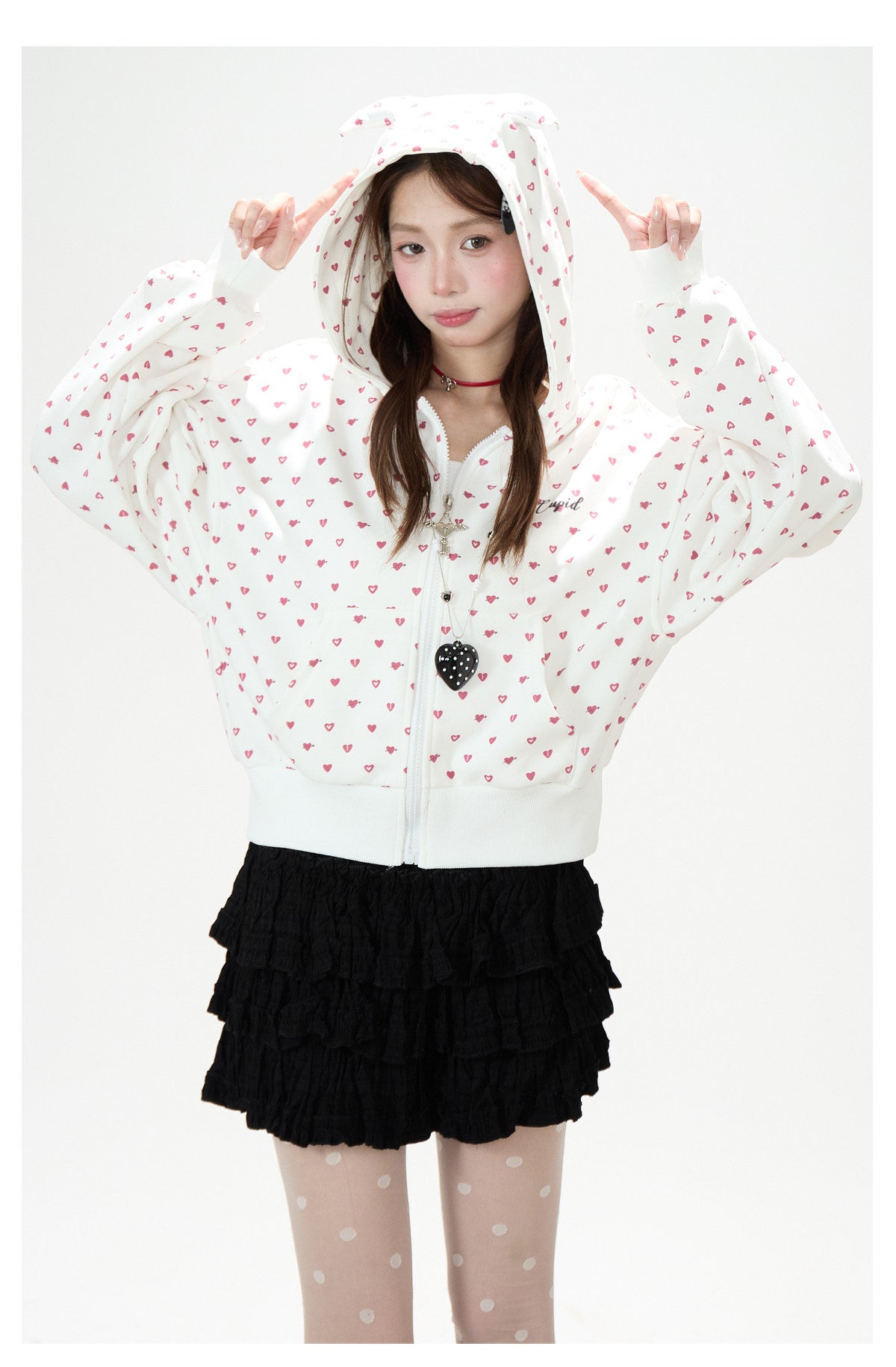 Heart Print Zip-Up Hoodie & Black Tiered Ruffle Mini Skirt