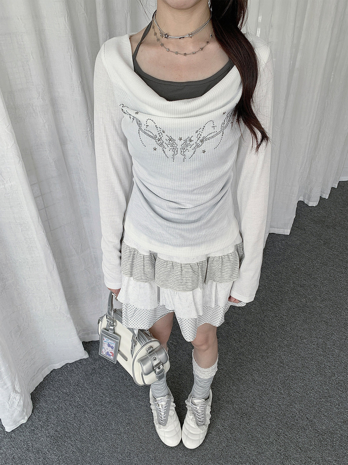 Rhinestone Cowl-Neck Layered Long Sleeve Top