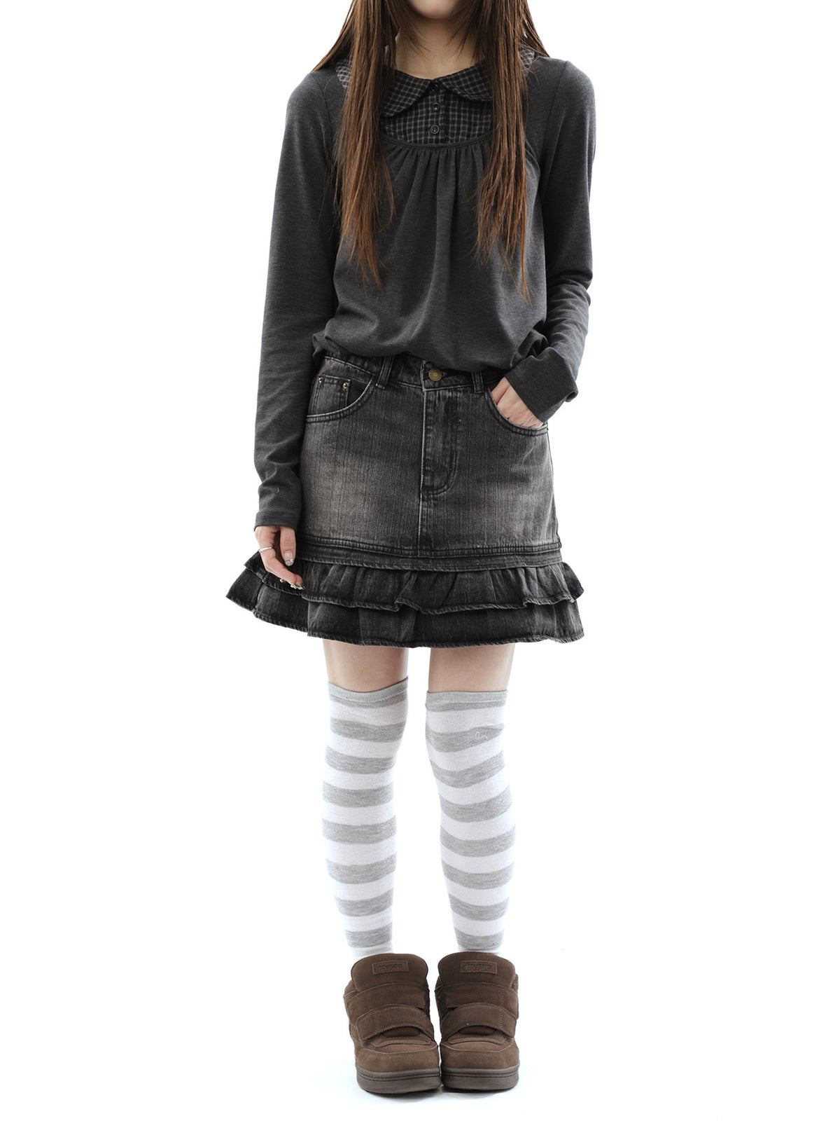 Washed Black Double-Ruffle Denim Mini Skirt