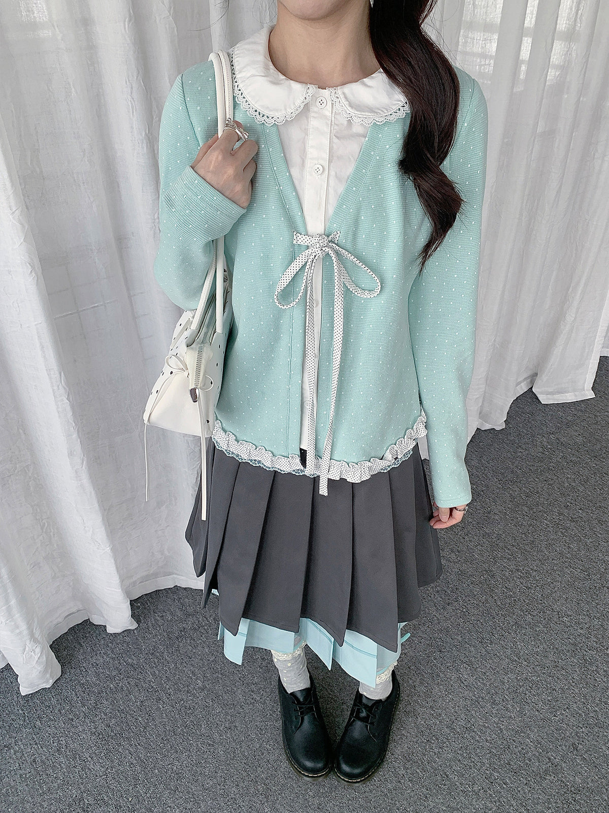 Polka Dot Lace-Collar Layered Tie Long Sleeve Top