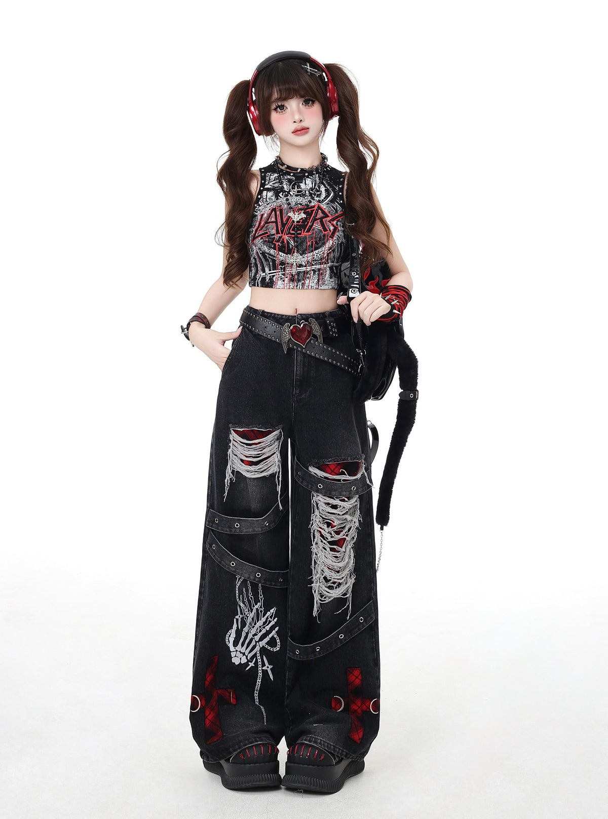 Skeleton Hand Distressed Strap Wide-Leg Jeans