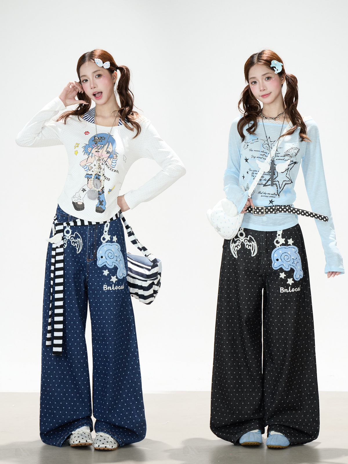 Dolphin Embroidered Polka Dot Wide-Leg Jeans