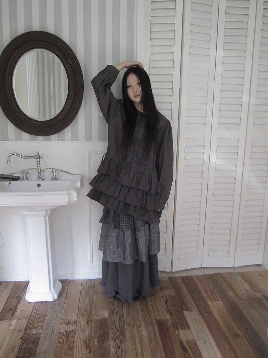 Ruffle-Trim Button Tiered Long Sleeve Tunic Top