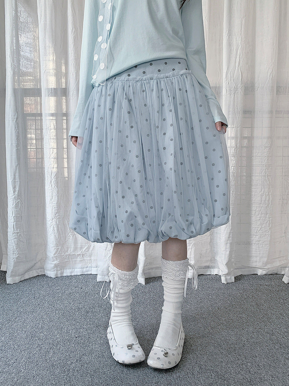 Powder Blue Polka Dot Bubble Midi Skirt