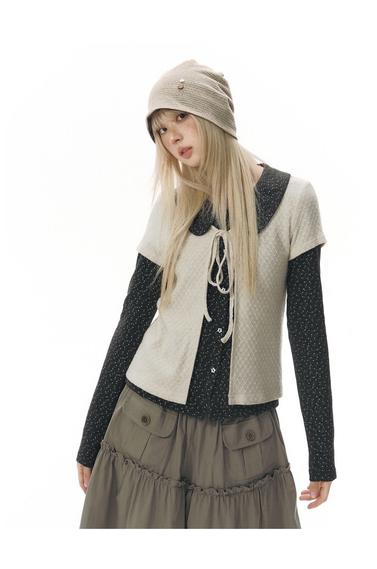 Doll-Collar Long Sleeve & Tie-Front Cardigan Set