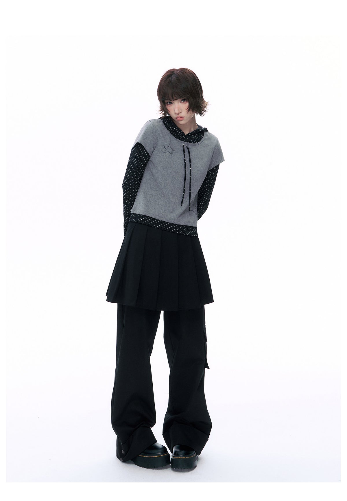 Pleated Skirt-Overlay Cargo Wide-Leg Pants