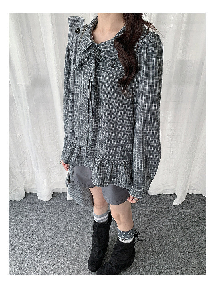 Plaid Bow Collar Ruffle Long Sleeve Blouse