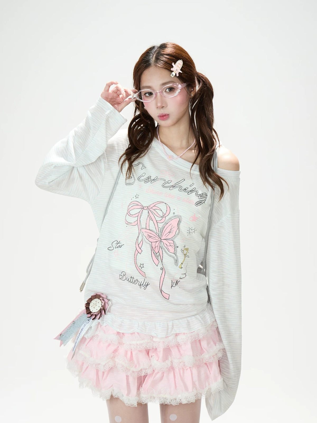 Bow Stripe Off-Shoulder Long Sleeve Top & Pink Wide-Leg Pants