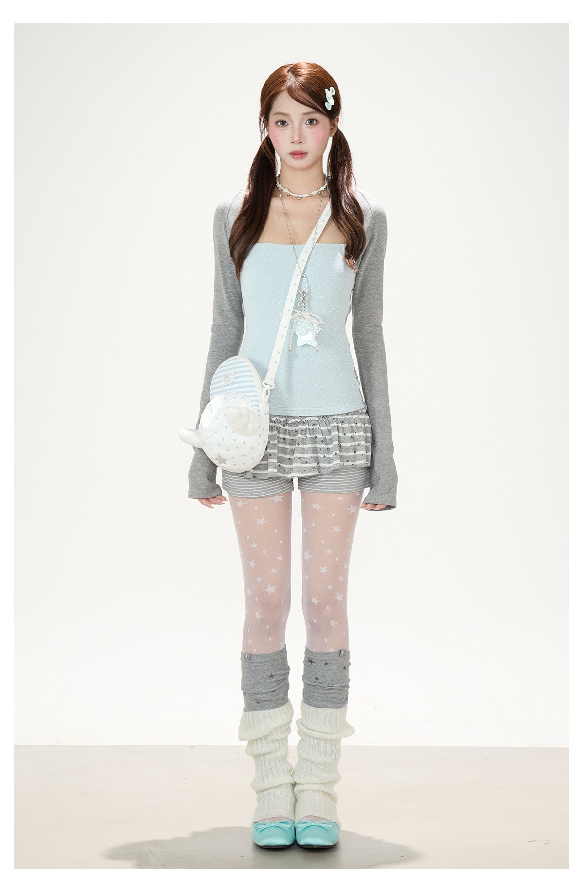 Polka-Dot Layered Cami Long Sleeve Top & Gray Ruffle Shorts
