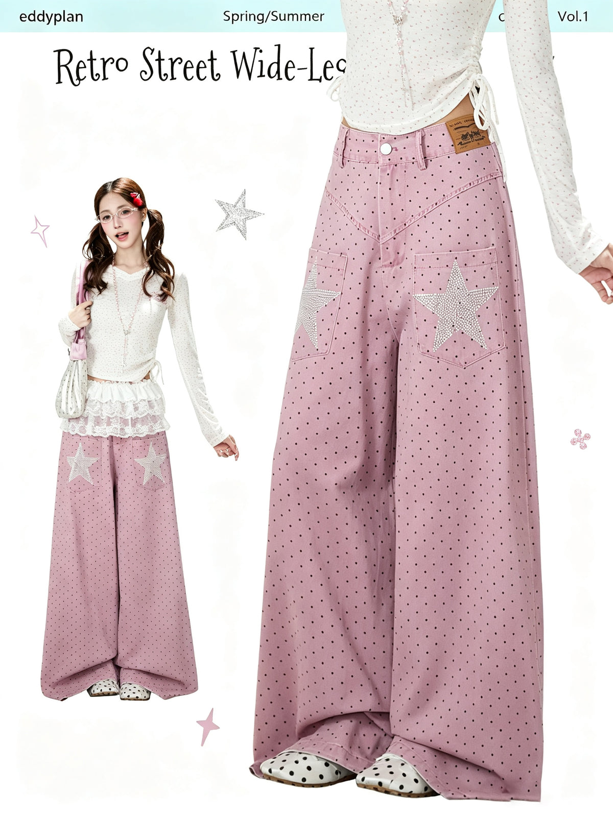 Star Rhinestone Polka Dot Wide-Leg Jeans