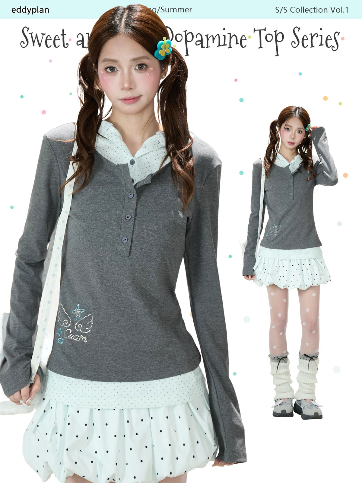 Polka Dot Layered Hooded Long Sleeve Top & Lace-Trim Bubble Mini Skirt
