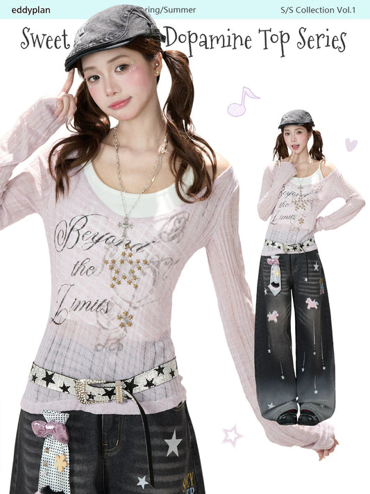 Beyond the Limits Sheer Grid Long Sleeve Top & Pony Star Wide-Leg Jeans