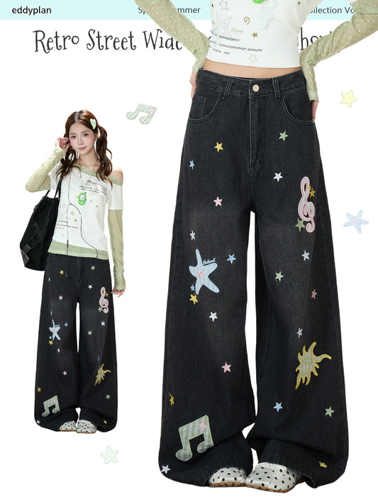 Music Note & Star Embroidered Washed Wide-Leg Jeans