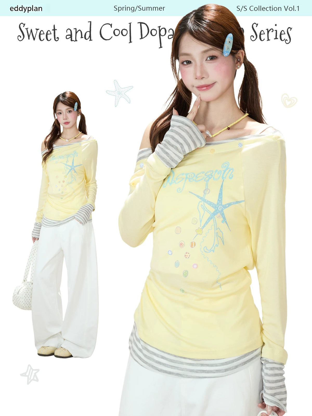 Starfish Off-Shoulder Layered Long Sleeve Top & White Wide-Leg Pants