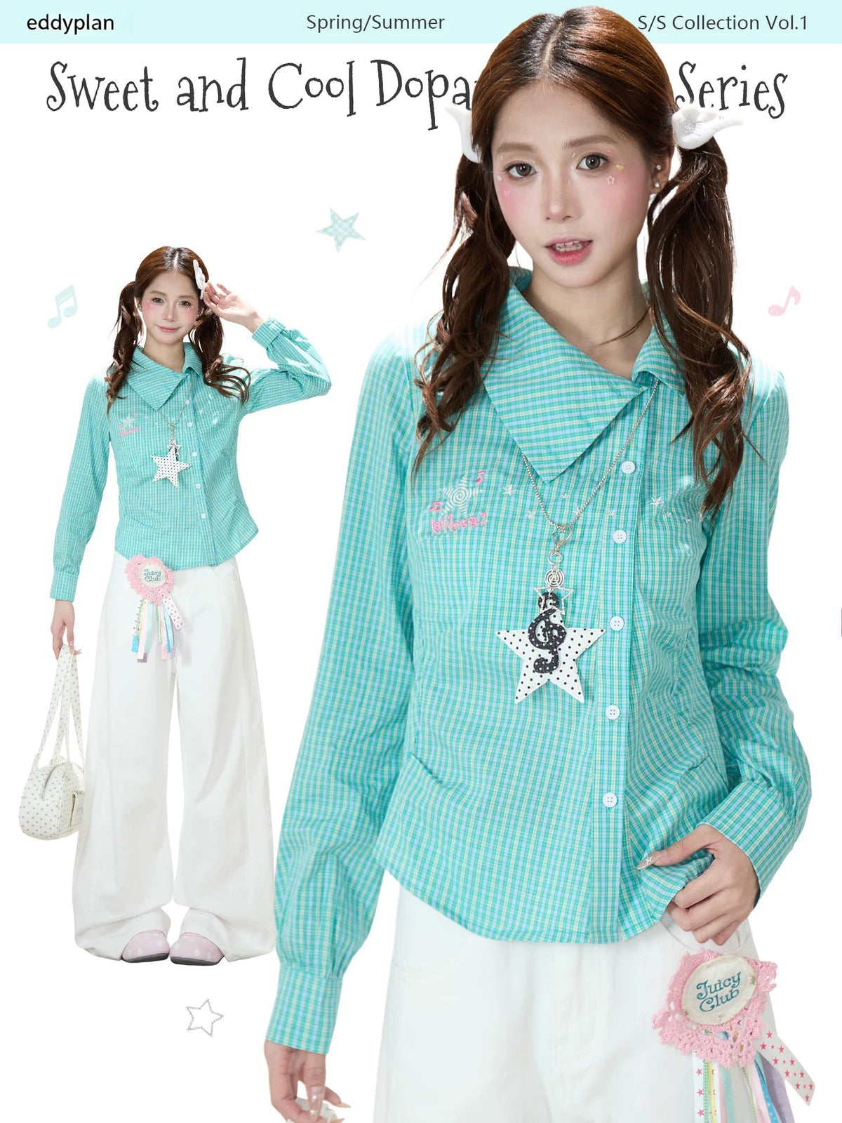 Green Check Fitted Shirt & White Wide-Leg Pants