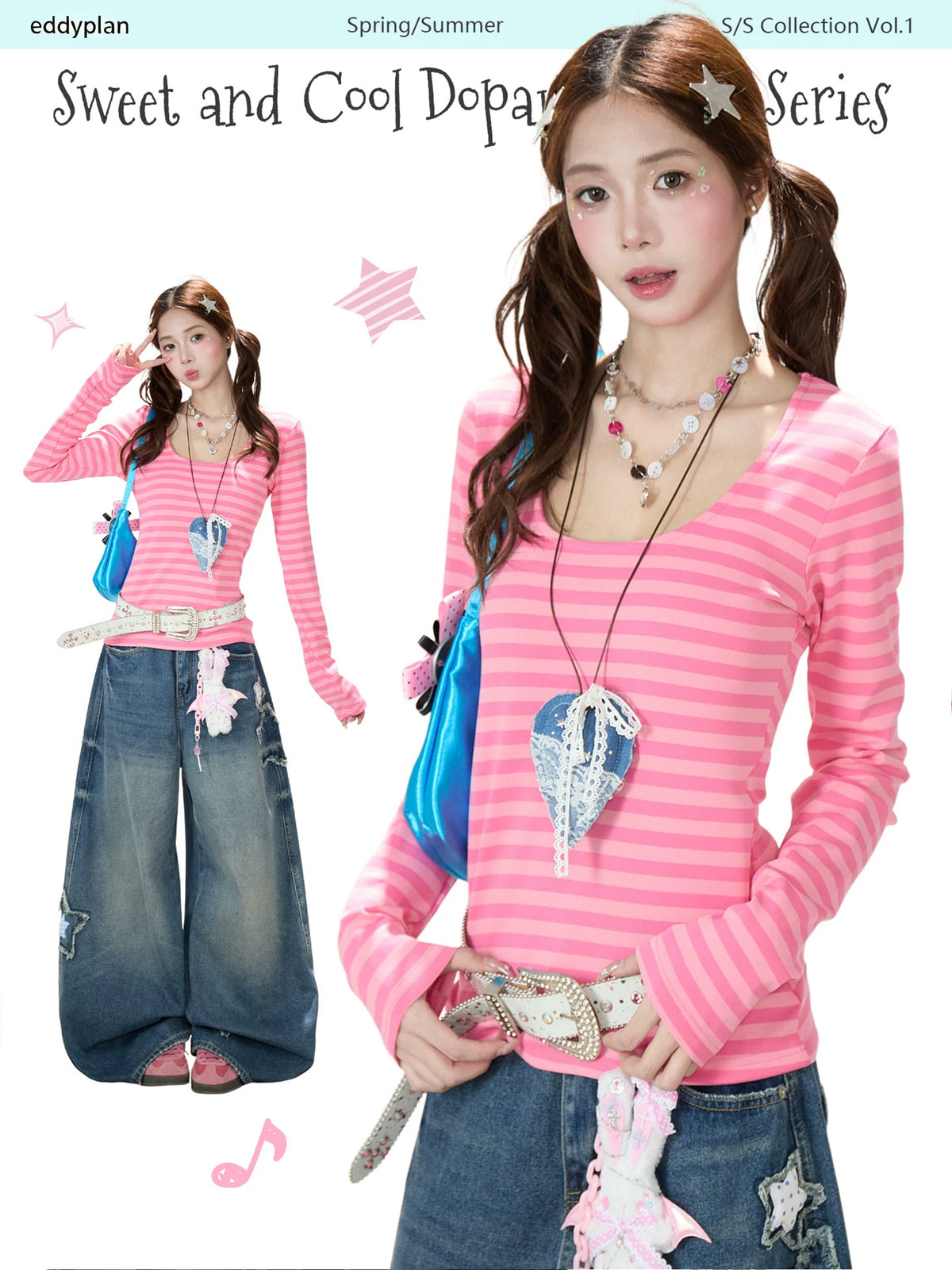 Pink Stripe U-Neck Long Sleeve Top & Star Patch Wide-Leg Jeans