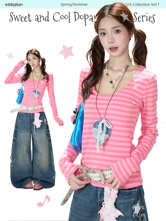 Pink Stripe U-Neck Long Sleeve Top & Star Patch Wide-Leg Jeans