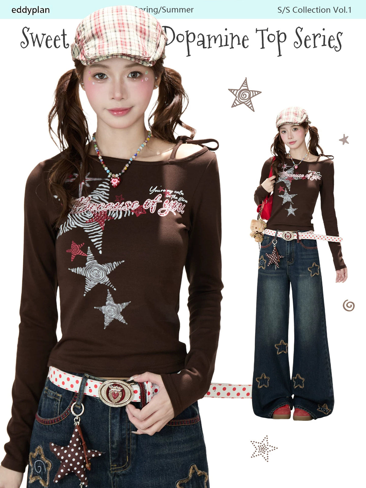 Vintage Star Print Off-Shoulder Long Sleeve Top & Star Patch Wide-Leg Jeans