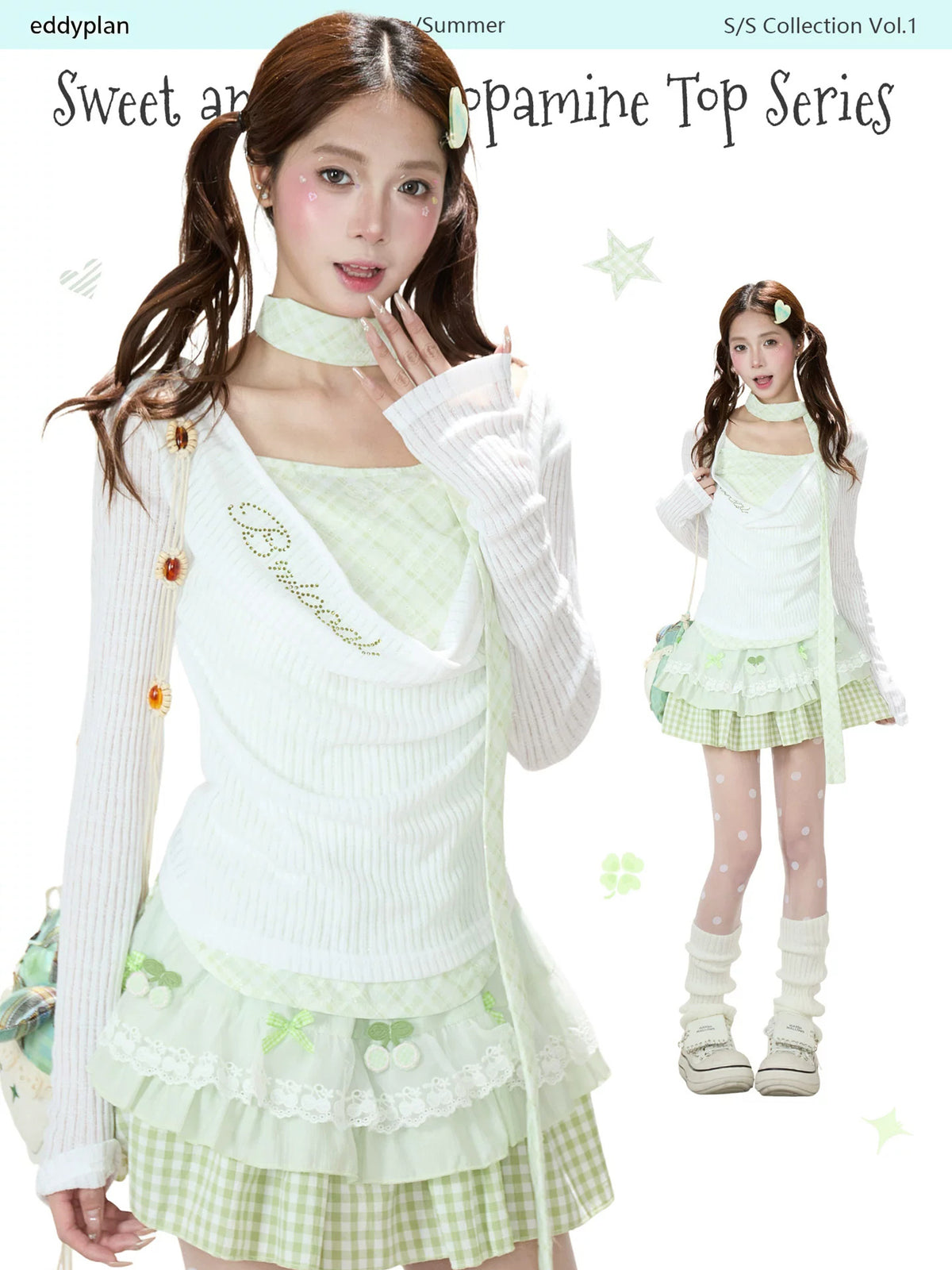 Mint Gingham Layered Knit Long Sleeve Top & Cherry Ruffle Mini Skirt
