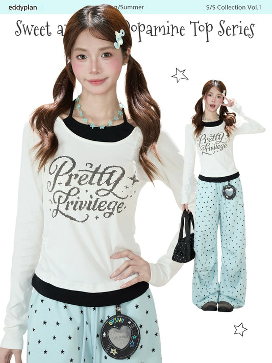 Contrast Halter Layered Long Sleeve Top & Allover Star Wide-Leg Sweatpants