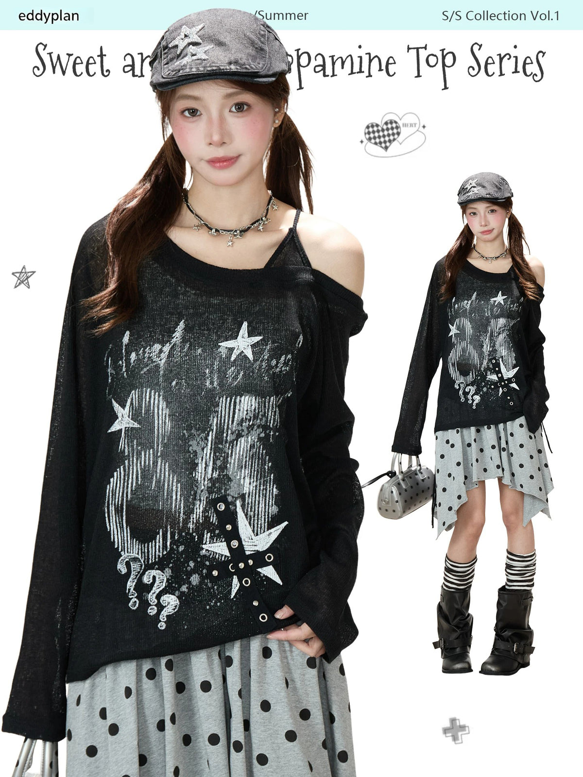 Dark Graffiti Off-Shoulder Long Sleeve Top & Asymmetric Polka-Dot Mini Skirt