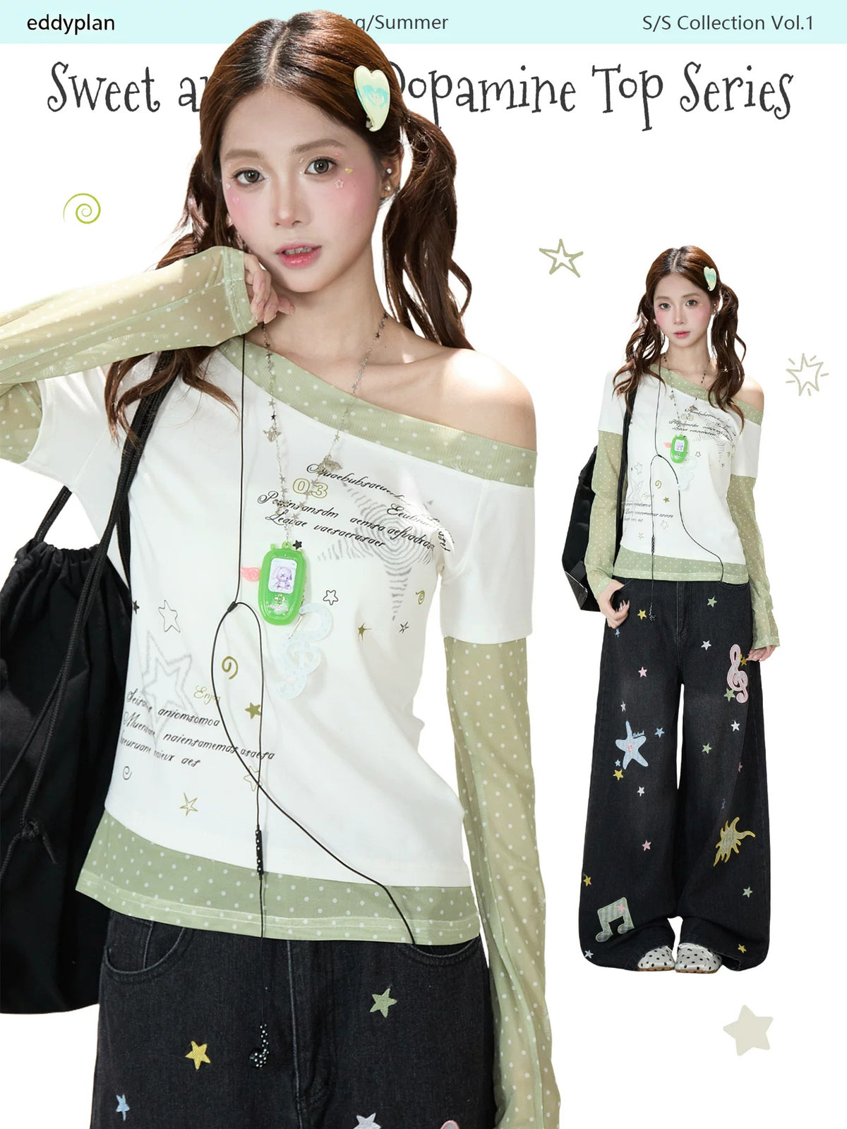 Star Polka-Dot Off-Shoulder Layered Long Sleeve Top & Music Note Star Wide-Leg Jeans