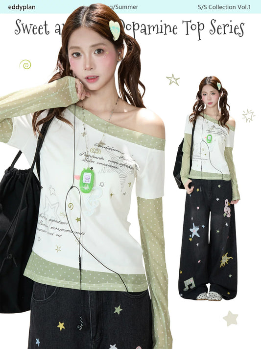 Star Polka-Dot Off-Shoulder Layered Long Sleeve Top & Music Note Star Wide-Leg Jeans